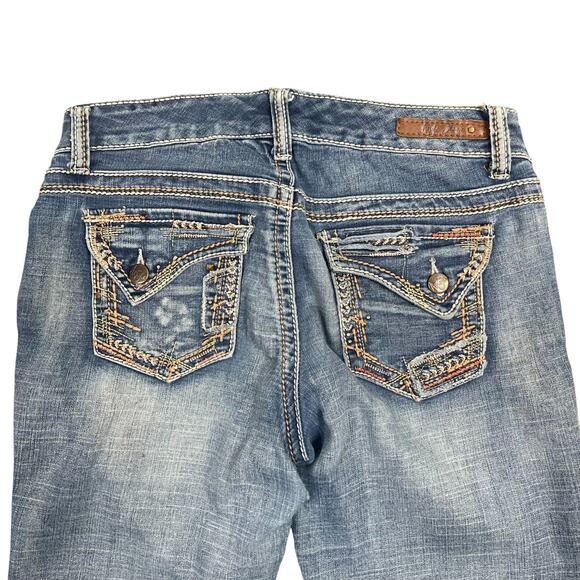 Ariya Jeans Sz 7/8 Y2K Flare Low Rise Flap Pocket Embroidered Distressed Stretch - Picture 4 of 10